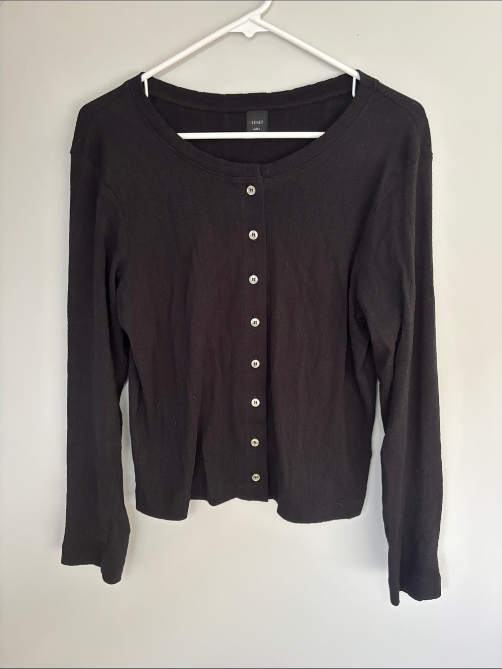 LESET Pointelle Classic Crew Cardigan - Black - Size L